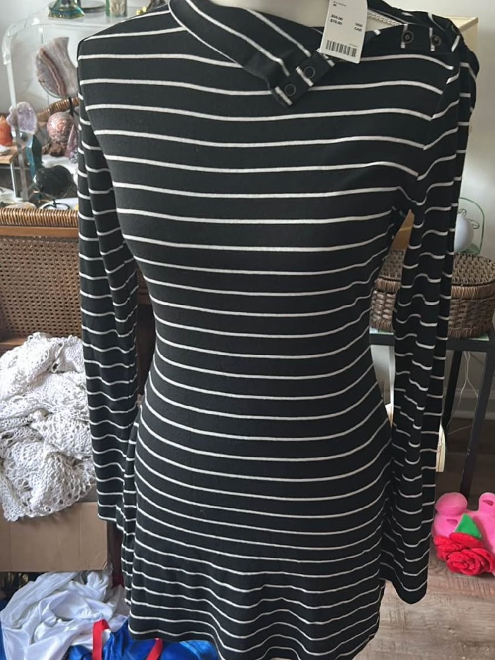 Urban Outfitters Black and White Striped Long-Sleeve Dress